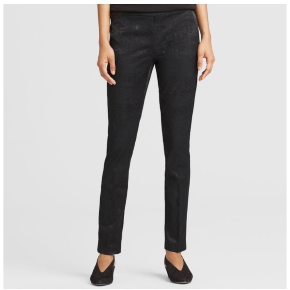 Eileen Fisher Black Jacquard Pull On Pants Career Casual Straight Leg Trousers
